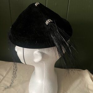 Elegant Vintage Black Velvet Hat with Feather and Rhinestone Detail